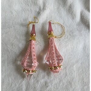 Vintage Pink Lace & Crystal Drop Ornaments–Set of 2 Elegant Hanging Decorations